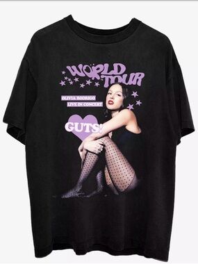 Hot Topic Black Tee with Lavender 'World Tour' Graphic